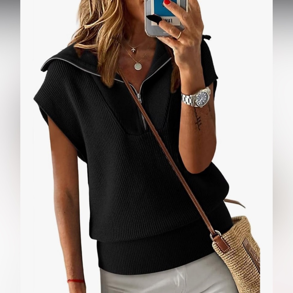 Women's Casual Half Zip Pullover Sweaters V Neck Collar Ribbed Knitted Sweater - Picture 1 of 3